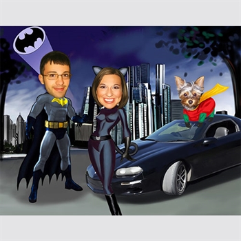 Custom Superhero Couple Caricature with Their Little Dog,by myDaVinci - myDaVinci